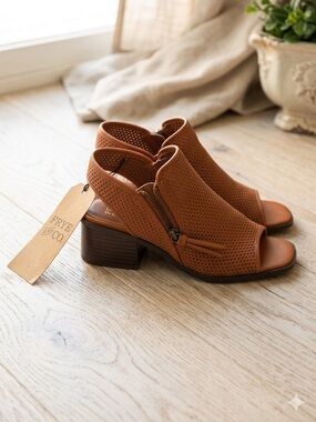 Frye Cognac Perforated Leather Block Heel Sandals